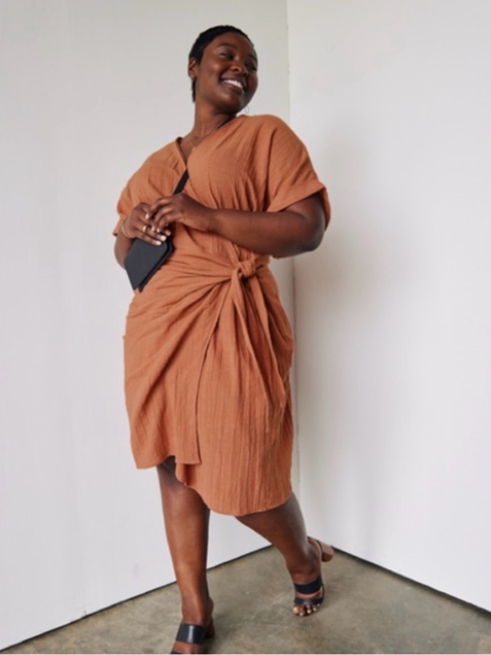 Able Rust Orange Wrap Dress with Tie Waist